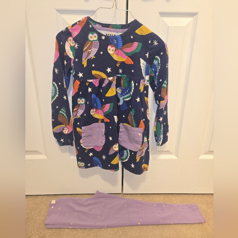 Boden Girls Navy Owl Print Dress with Lavender Pockets
